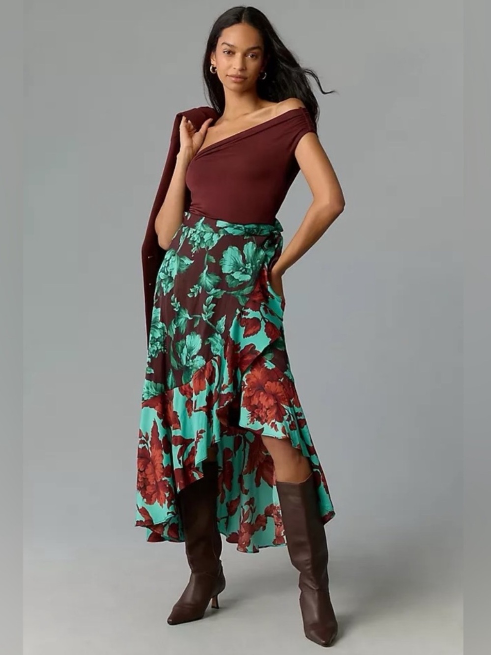 Maeve Anthropologie Teal and Burgundy Asymmetrical Floral Wrap Maxi Skirt XS